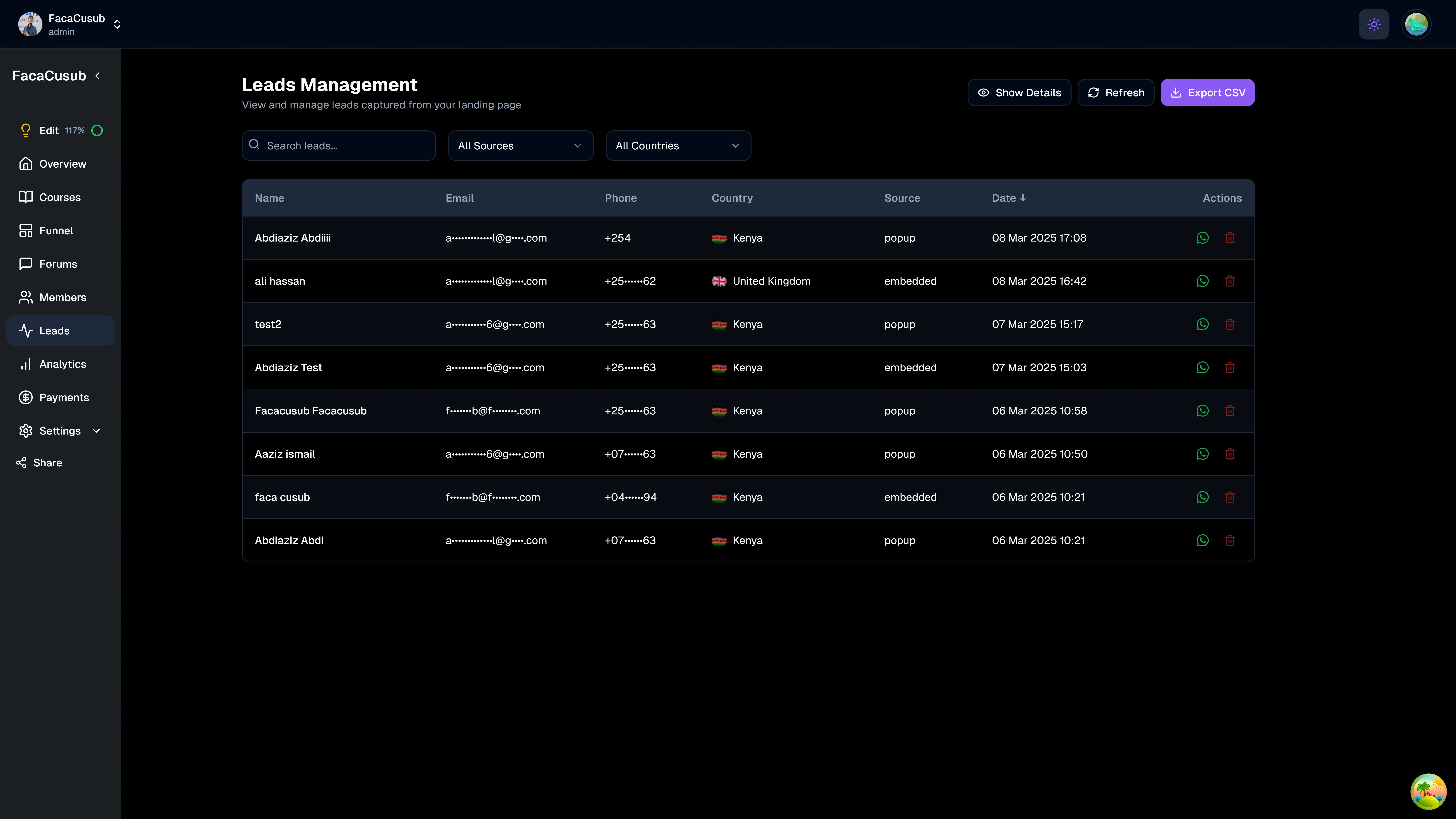 Leads management screenshot